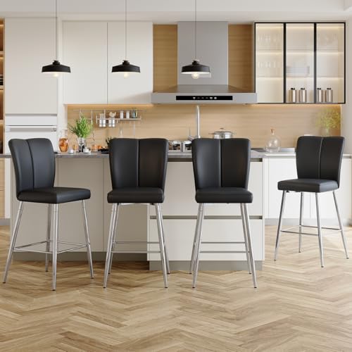 Image of Counter Height Bar Stools Set of 4,27''Kitchen Island Stools with Back,Black Barstools with Sturdy Metal Legs,Modern Bar Stools Ideal for Kitchen Island Pub Cafe(Faux Leather-Black)