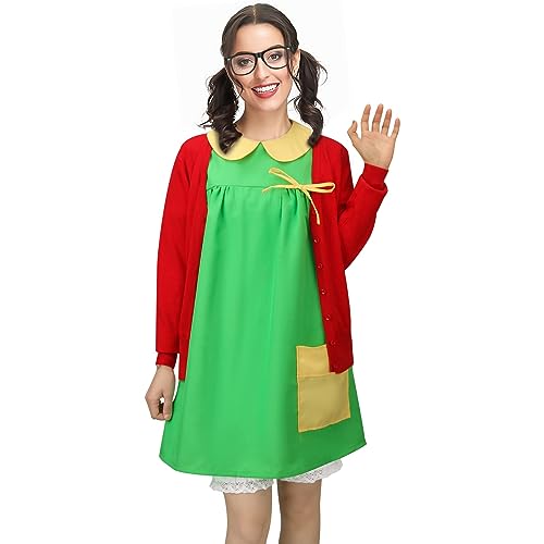 Women Costume Green Dress Red Knit Cardigan Shorts Glasses Full Set Halloween Cosplay Outfit (Large)
