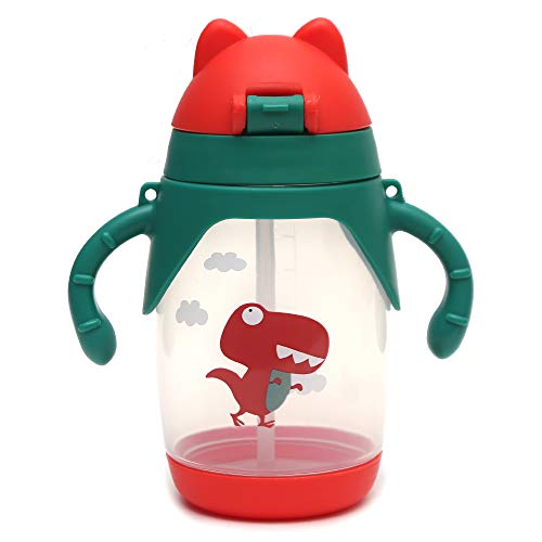 Image of Koochie-Koo Plastic One Touch Open Cute Cartoon Printed Twin Handle Sipper Bottle with Silicon Straw Drinking Sippy Cup for Kids, Water Bottle for Baby Boy and Girl 300ml, Green, 3+ Years (Pack of 1)