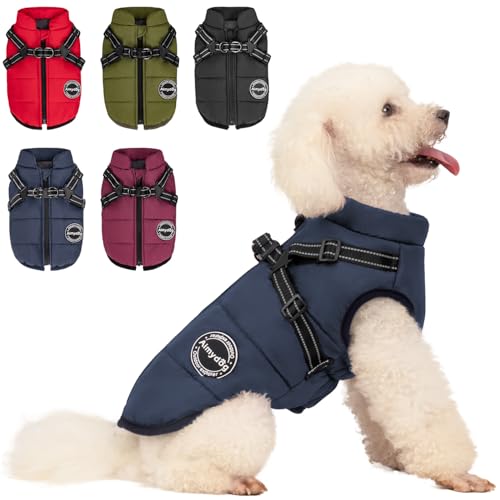 AIMYDOG Abrigo de invierno cálido para perro, chaqueta deportiva de moda para clima frío con arnés integrado, chaleco cómodo reflectante y ajustable, ropa impermeable y resistente al viento para