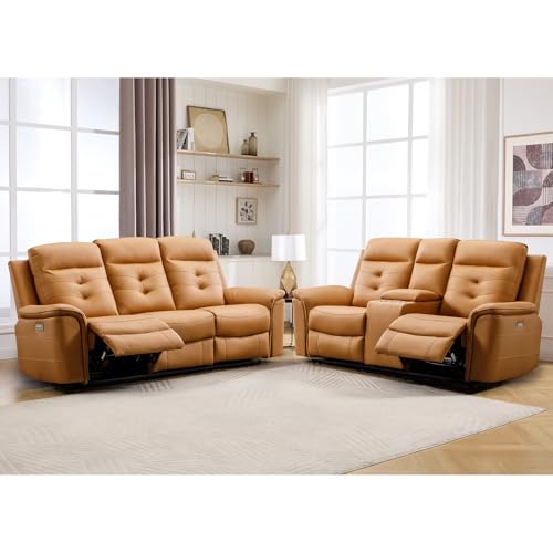 Image of ANJ 2-Piece Faux Leather Power Recliner Sofa Set with Charging Port, Include 2-Seater Loveseat with Hidden Storage & Cup Holders and Electric 3-Seater Reclining Couch for Living Room, Yellow