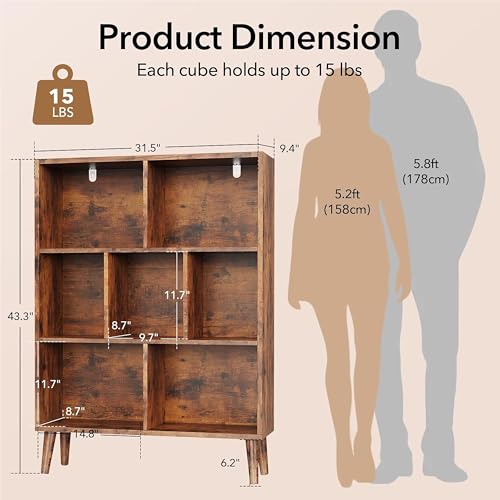Image of HealSmart 7 Cube Storage Organizer, 3 Tier Bookshelf with Legs, Free Standing Cube Bookcase for Living Room, Bedroom, Office, Brown