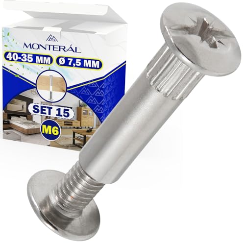 15 Piezas Tornillo Union Muebles M6 40-35 mm Ø 7,5 mm - Tornillos para Canape Utilizado en Armario Ropero en Armarios Dormitorio en Armarios Deslizantes en Vestidor en Muebles de Cocina - MONTERAL