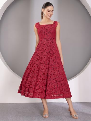 Image of Miss Chase Women's Round Neck Sleeveless Floral Ruffled GatheKnee-Long Skater Dress