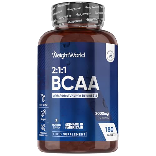 WeightWorld BCAA Tablets 2000mg - 180 Tablets - Key Amino Acids (L-Leucine L-Valine & L-Isoleucine) - with Vitamin B6 & B12-3 Months Supply - Vegan BCAA Supplement for Men & Women - Vegan & Non-GMO
