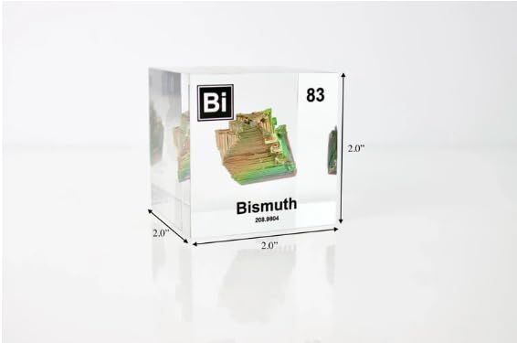Authentic Bismuth Element Cube, 2x2x2 Inches, Encased in Crystal-Clear Lucite Acrylic, Handmade in The USA by Engineered Labs, for Display or Educational Purposes