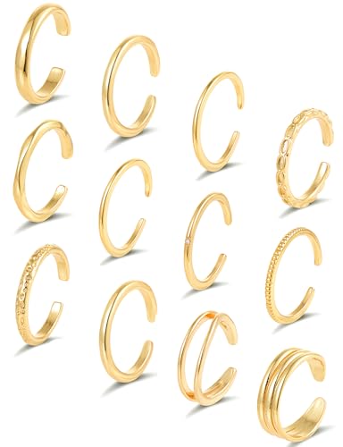 Tornito 12Pcs 18K Gold Filled Toe Rings Minimalist Thin Wire Cubic Zirconia Summer Beach Toe Rings Open Adjustable Foot Jewelry for Women Silver Gold Tone