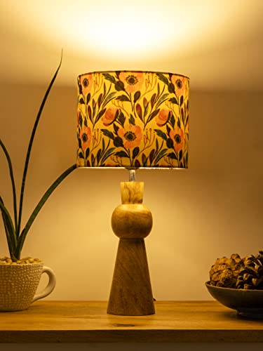 Image of Green Girgit Wooden Skirt Lamp with Multicolor Pink Flowers Shade