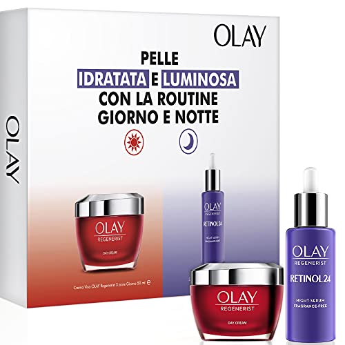 OLAY Crema Viso Antirughe + Siero Viso Antirughe, Idea Regalo, Cofanetto Giorno & Notte 1x Olay Regenerist Crema Viso Giorno, 50ml + 1x Olay Retinol24 Siero Viso Notte, 50ml, Pelle Idratata e Luminosa