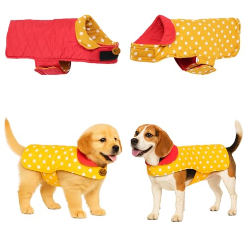 Image of Sage Square Dual-Sided Polka Dot Dog Jacket - Protective Cold-Weather Gear for Pets, Lightweight, Cushioned, Designed for Warmth & Comfort Indoors or Outside (Polka Yellow, L - 18 Inch)