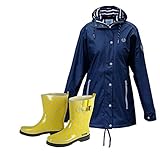 MADSea Damen Regenmantel in dunkelblau + Gummistiefel Ocean in gelb, Kapuze, verschweißte Nähte, Unterarmbelüftung - winddicht, wasserdicht, atmungsaktiv