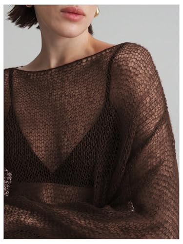 MakeMeChic Women's Crochet Sheer Boat Neck Sweater Long Sleeve Knit Lightweight Crop Tops4