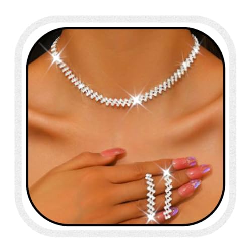 Unicra Plata Juegos de Joyas de Boda Rhinestone Collares de Novia y Pendientes Set Cristal Traje Formal Juego de Joyas para Mujeres y Novias