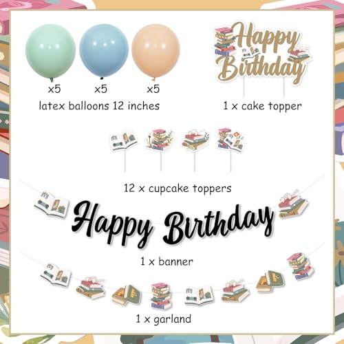 Image of Storybook Theme Birthday Decorations, Book Happy Birthday Banner Cake Cupcake Topper Storybook Sign Latex Balloons, Library Reading Book Club Bday Back to School Party Decor Supplies