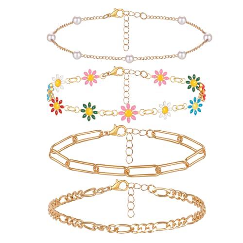 4Pcs Pulseras Tobilleras Pulsera Cadena En Capas,Pulsera de Tobillo para Mujer Ajustables Anklets para Verano Joyería de Playa para Pie Colgante Pie De La Cadena De Joyería Cumpleaños Regalo,Flores