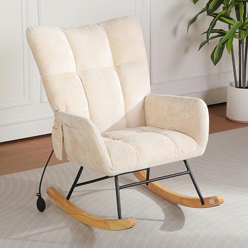 Image of Rocking Chair Nursery with Airbag, Comfy Modern Nursery Rocking Reading Chair Indoor, Cozy Upholstered Glider Rocker Chairs for Living Room Bedroom Offices, (Chenille, Beige)