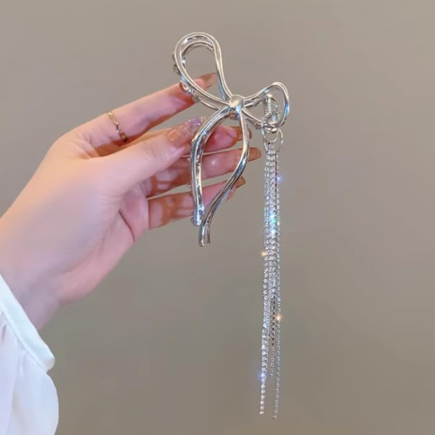 Tassel silver scrunchie clip back of hair card grip large retro shark volume female