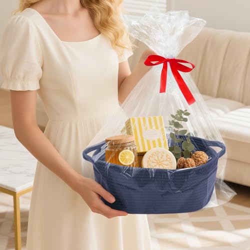 Image of Woven Basket with Gift Bags and Ribbons, 14 inchX 10 inch X 6 inch Storage Basket Blue | Gift Storage Organizer Basket Bin Shelf Shelves Cotton Rope Basket for Nursery, Pet Toys