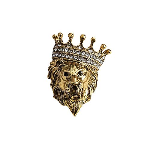 HAOZHAO Vintage Animal Lion Head Brooch Crystal Crown Lapel Pin Men Women Suit Shirt Collar Pins Brooches Jewelry Accessories (Color : Antique Gold Plated)