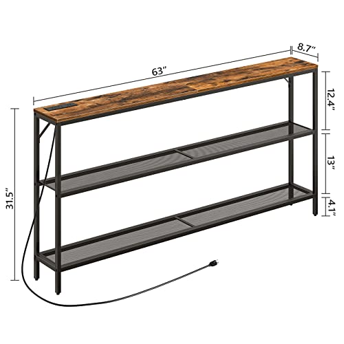 Mahancris Narrow Console Table, Sofa Table With Power Outlets, Entryway Table, 3 Tier Behind Couch Table With 2 Mesh Shelves, Rustic 63" Hallway Table With Metal Frame, Rustic Brown Cthr32E01Z #TOP2