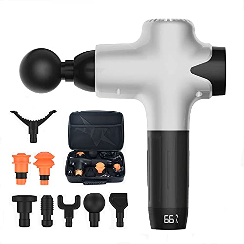 Pistola de Masaje, Eléctrica Masajeador de Músculos Tejido Profundo Alivio Muscular 4800mAh 3200 RPM Bajo Ruido Pantalla Táctil LED con 8 Cabezales Reemplazables (Plata) Cover