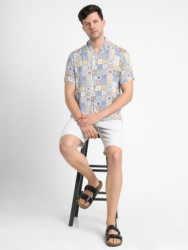 Image of Dennis Lingo Men's Rayon White Printed Relaxed Fit Cuban Collar Half Sleeve Casual Shirt