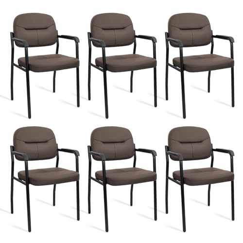 Image of CLATINA Leather Office Guest Chair Sets of 6, Reception Chair No Wheels with Armrests and Lumber Support, Ergonomic Desk Armchair for Meeting Waiting Conference Lobby Room Shool Study, Brown