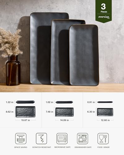 Famiware Serving Platter, Rectangular 15.67/14.1/12.6inch Serving Dishes for Entertaining, Dishwasher Safe, Stoneware Serving Trays for Party, Food, Turkey, Snack, Cheese, Reactive Glaze, Matte Black