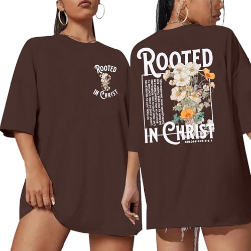 Rooted in Christ Shirt Christian Shirts for Women Jesus Oversized Tshirt Bible Verse Graphics Tees...