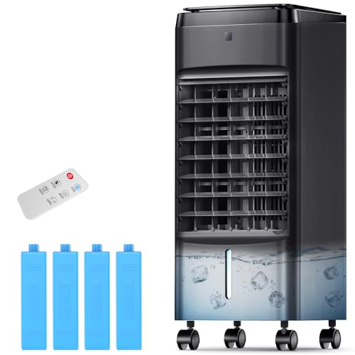 NOMEY Evaporative Air Cooler, 3-IN-1 Air Conditioner Portable for Room w/ 4 Modes & 3 Speed, 12H Timer, 1 Gal Detachable Water Tank, 4 Ice Packs, Remote, 70° Oscillation Air Cooler for Bedroom Indoor