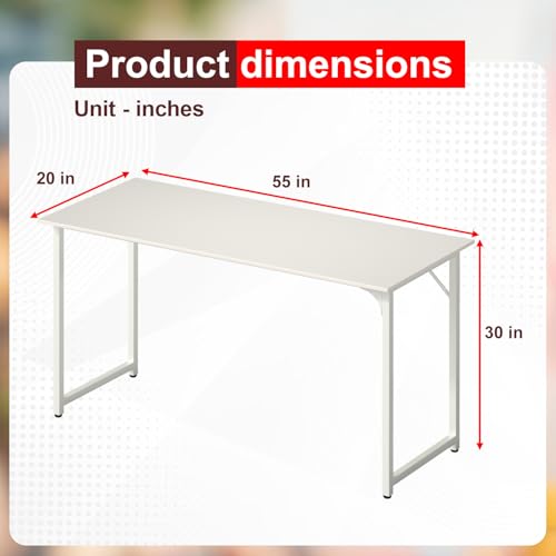 Image of PayLessHere | 55 Inch Computer Desk | White | Office Desk with Metal Frame, Adjustable Feet | Water-Resistant, Scratchproof Surface | Sturdy Writing Table for Home Office or Study | Pack of 1
