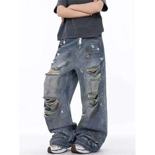 Men's High-Waisted Blue Jeans, Y2K Streetwear Style, Wide Leg, Ripped Denim Pants for Fall3