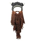 MERRYJULY Men's Head Barbarian Vagabond Beanie Original Foldaway Beard Hats Halloween Viking Horns Bearded Caps (Viking Horns&Brown Beard)