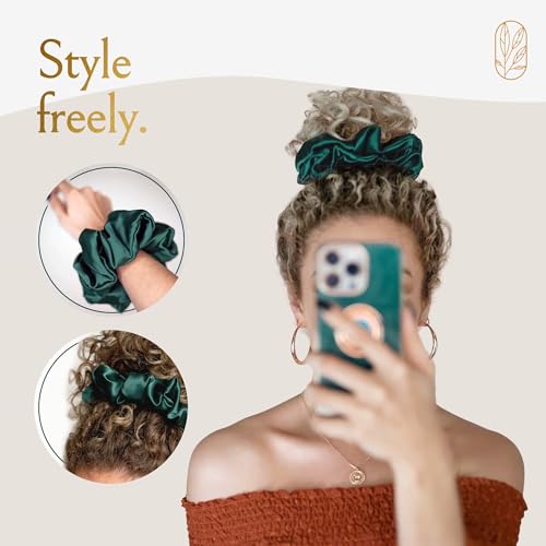 Image of Silk Scrunchies for Women Ponytail Holders - Oversized Mulberry Silk Scrunchie - Extra Large No Damage Hair Tie for Curly, Thick, and Thin - Hair Accessories for Women - Emerald, XL By Curlfriend