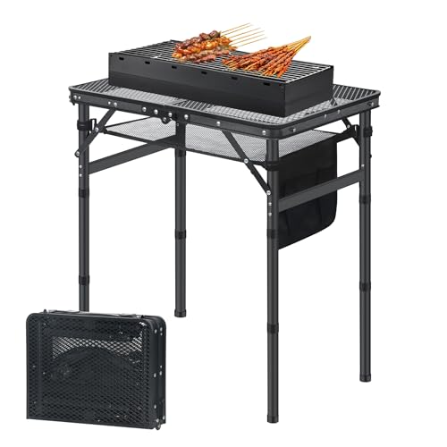 ZOESTORAGE Folding Camping Table Metal Camping Table Great for Picnic Beach BBQ Garden Party Grill Table with Mesh Desktop 60 x 40 x 26.5 cm (Adjustable Height) Black