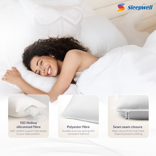Image of Sleepwell Huggs Classic Compact Soft Fibre-Fill Pillow | White | Hand Washable | Polyester| 15D Hollow Siliconized Fibre | Lightweight | Vacuum Compressed | Medium Soft | 27 X17 Inches | Pack of 1