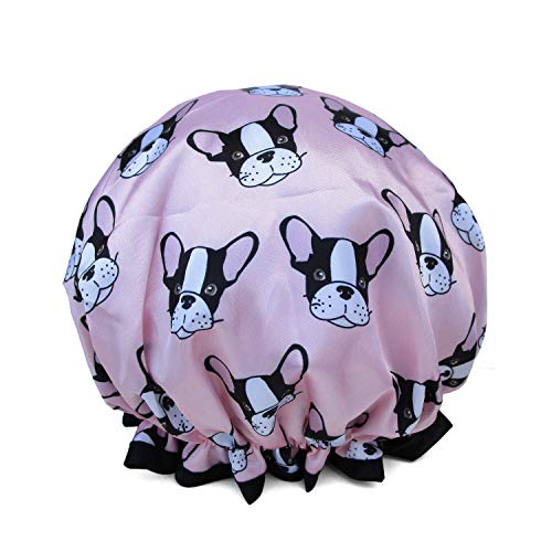 1 Pcs Waterproof Shower Cap for Women,Quanchen Reusable Printed Satin Bathing Shower Caps for Hair Protection (07 Dog)