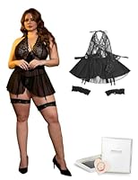 sunshinelady Babydoll Dessous Für Frauen Spitze Nachthemd Damen Sexy Mit 4 Strapsen Nachtwäsche Große Größen Neckholder Negligee V Ausschnitt Reizwäsche Mit Gürtel Und Tanga Lingerie Schwarz XXL