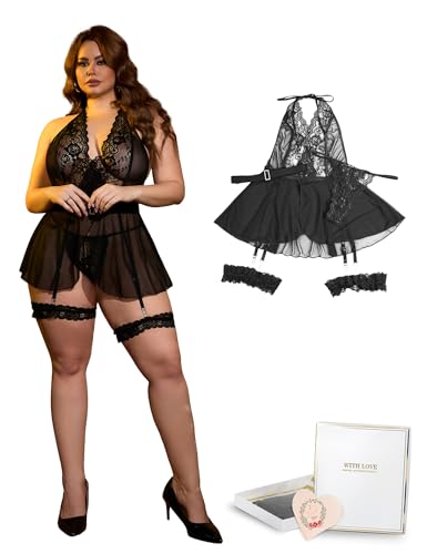 sunshinelady Babydoll Dessous Für Frauen Spitze Nachthemd Damen Sexy Mit 4 Strapsen Nachtwäsche Große Größen Neckholder Negligee V Ausschnitt Reizwäsche Mit Gürtel Und Tanga Lingerie Schwarz XXL