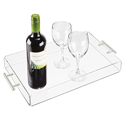 Mdesign Modern Acrylic Rectangular Serving Tray With Handles For Food, Tea, Coffee, Breakfast, Snacks, Cheese, Appetizers - Use In Kitchen, Bathroom, Office - Small, 2 Pack - Clear/Stainless Steel #TOP7