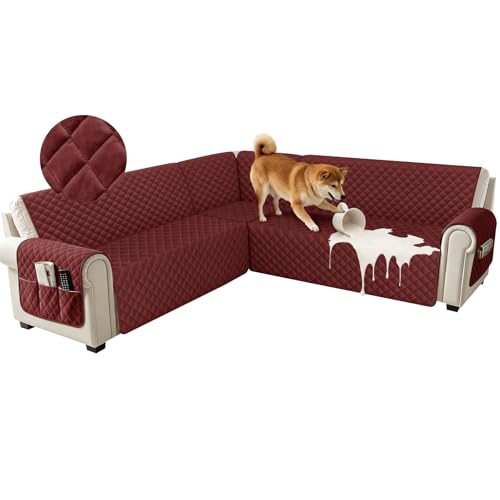 ROFASVCO U Shaped Sectional Couch Covers for L Shaped Corner Sofa Waterproof 6 Piece Washable Sectional Sofa Cover Non Slip Velvet Couch Slipcover Protector for Dogs Pets (Large, Wine Red)