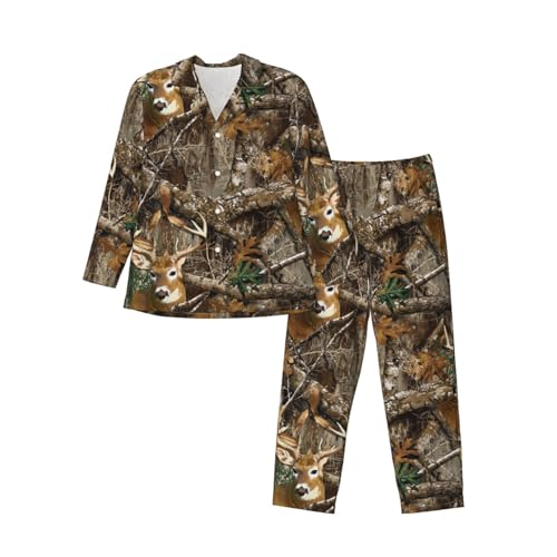 Camo Deer Camouflage Hunting Pajamas Long Sleeve Pajama Set Mans Nightwear Button Down Top Elastic Bottoms Home Wear