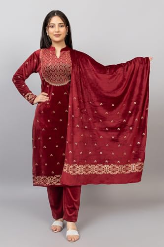 Image of HIFZAA velvet kurta palazzo set with dupatta for womens printed winter wear suit M to 4xl