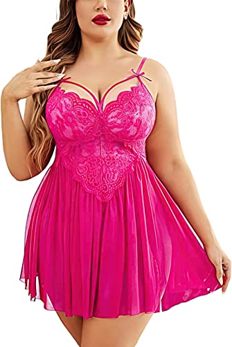 Image of Beautiful Creations Womens Plus Size Lace Floral Knee Length Babydoll Nightwear Set with G-String Panty