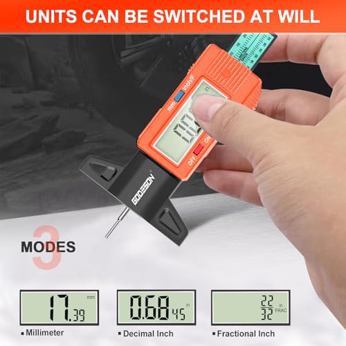 Image of Godeson Digital Tread Gauge with 3 Modes - Fractional Inch, Color-Coded Bar - Suitable for All Vehicle Tires - Orange