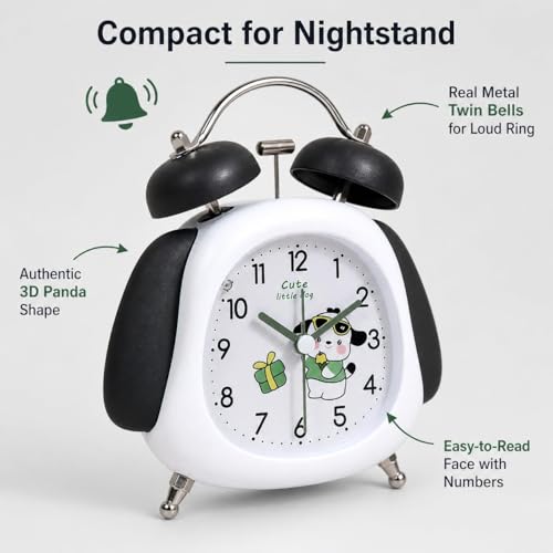 Image of RUCON Twin Bell Alarm Clock for Bedroom | Super Loud Analog Alarm Clock for Heavy Sleepers | Night Light | Metal Table Clock for Home, Office & Kids (White Panda)