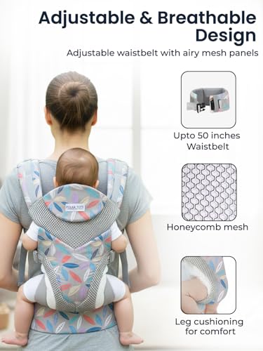 Image of POLKA TOTS Baby Carrier for 0 to 3 Year Baby | Ergonomic Breathable Cotton Carrying Bag with Adjustable Straps | Newborn Baby Holder with Extra Cushioning, M-Shape Seating position & Safety Belt | for New borns & Toddlers Up to 20kgs