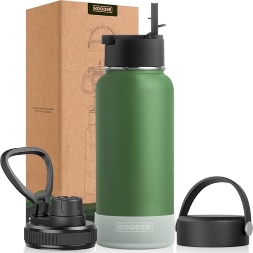 Image of koodee 32 oz Stainless Steel Water Bottle-Double Wall Vacuum Insulated Sports Water Bottle for Men-Reusable Travel Leakproof Water Flask with 3 Lids and Silicone Boot, BPA Free(Grass Green)