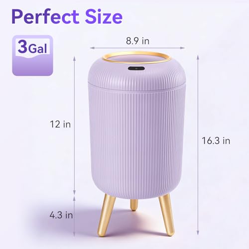 Image of Motion Sensor Bathroom Trash Can with Lid, 3 Gallon /11L Automatic Bathroom Wastebasket,Touchless Trash Bin with Removable Legs for Kitchen,Office,Toilet,Bedroom,Smart Sensor Trashcan-Purple