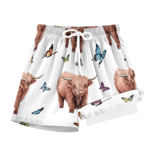 YANENDIE Boy Swim Trunks with Compression Liner Highland Calves Butterflies Boys Swim Shorts Quick Dry Beach Shorts